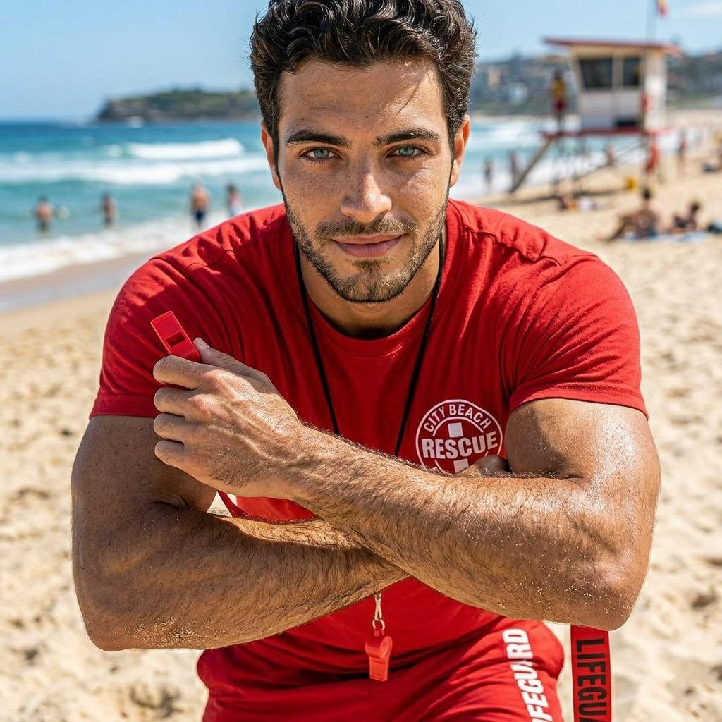 Check out this stunning lifeguard with those piercing blue eyes that could melt even the coldest heart. Pure beauty in...