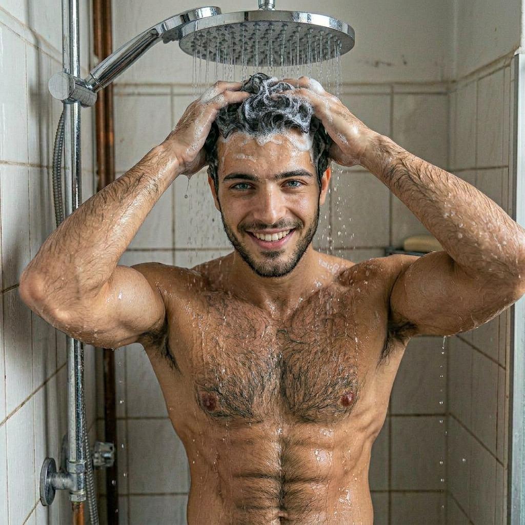 Every droplet glistens on his sculpted frame, turning the shower into a living masterpiece. Pure art in motion. #shower #wet