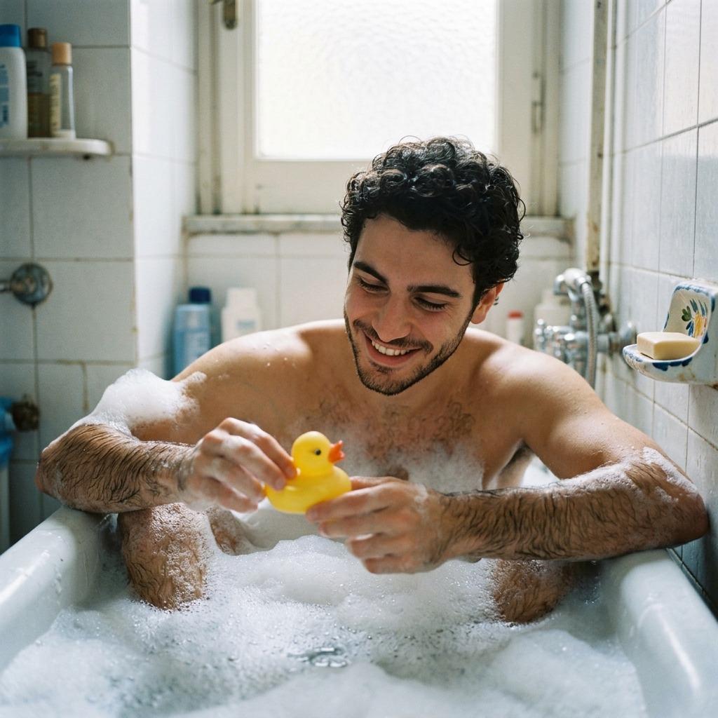 Gentle ripples, playful splashes, and a smile that could melt the iciest heart. Who knew bath time could be this hot? 🦆🔥...