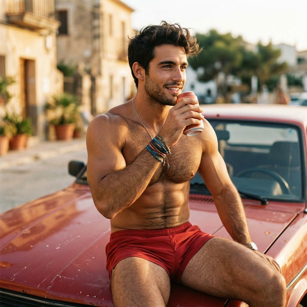 Every curve, every ripple—perfection parked on a hood. Sip slow, let the world admire the view. #malebeauty #street...