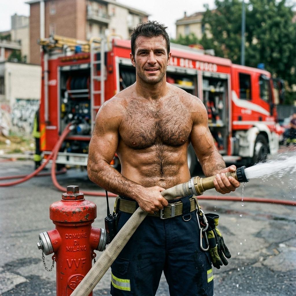 Hot firefighter flexing his hairy chest in uniform—because saving lives is sexy, but looking this good is a public service...