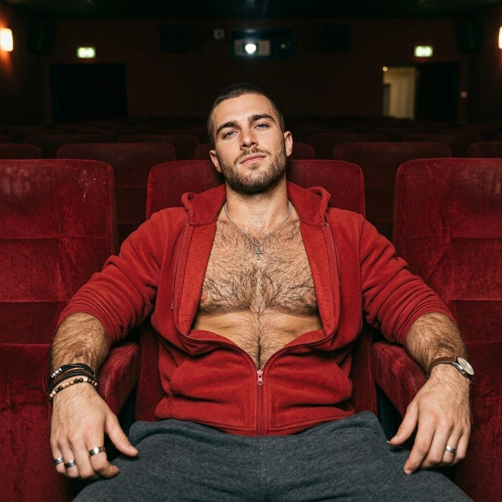 Hot guy alert! A muscular, hairy guy sitting in a cinema, looking like he stepped right out of our wildest fantasies. Who...
