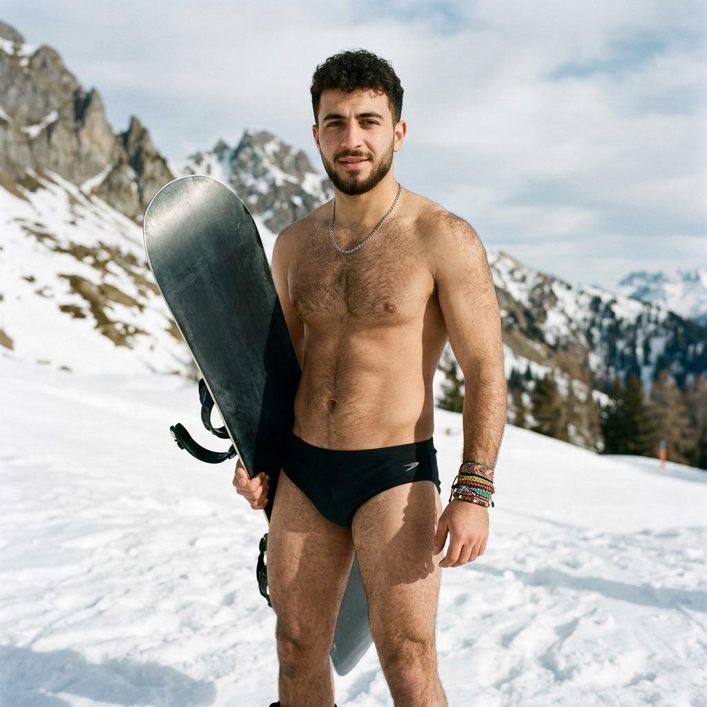 Chasing thrills in just the essentials—where adventure meets raw, sun-kissed beauty. Nature’s finest model, shredding snow...