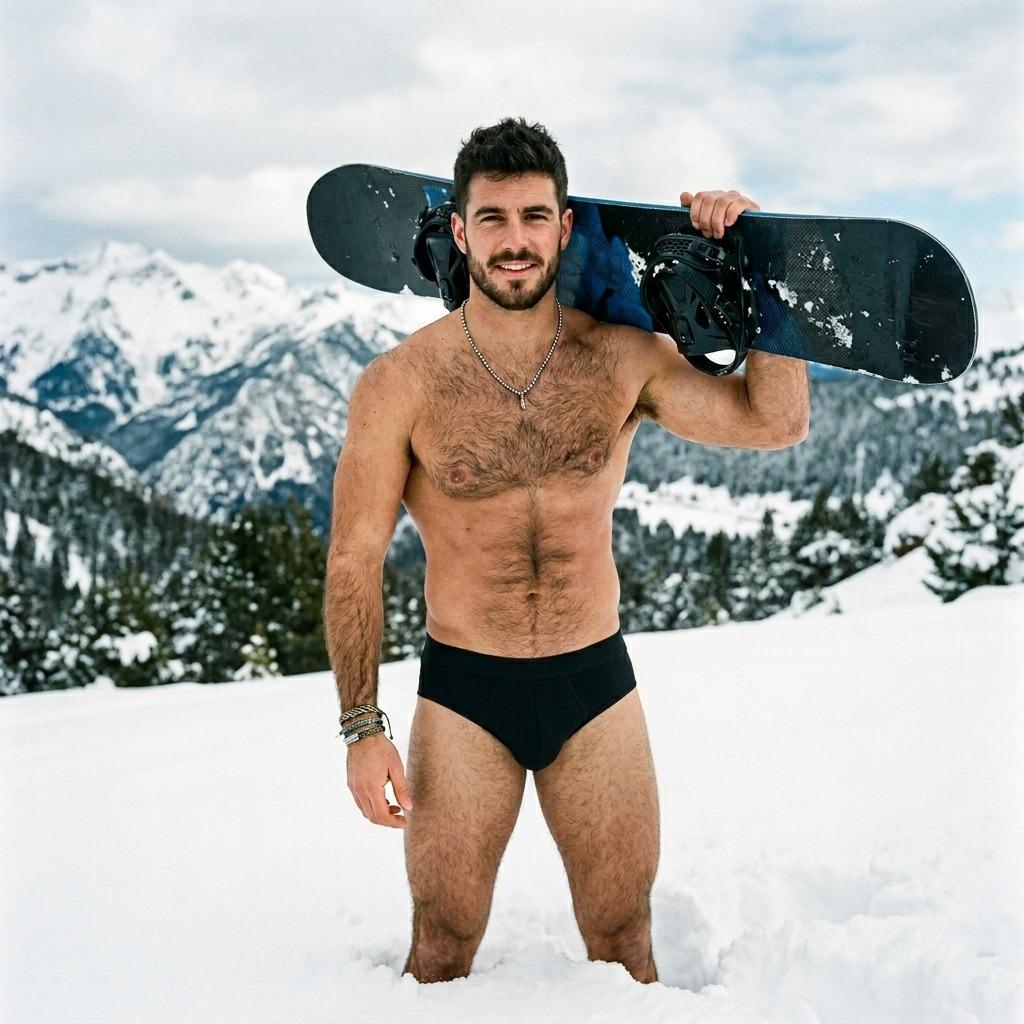 Gaze upon this mountain god, shredding stereotypes in his birthday suit! Snowboard in hand, fur glistening under the winter...
