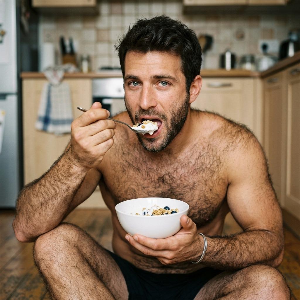 Fuzzy morning vibes with this hairy hunk enjoying his breakfast. Who needs a filter when you've got this natural glow?...