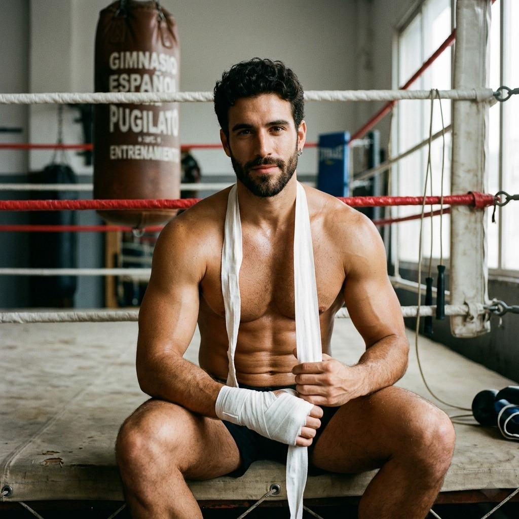 Pugile in the spotlight, sweat glistening under the lights. Pure strength meets raw beauty. Every muscle tells a story....