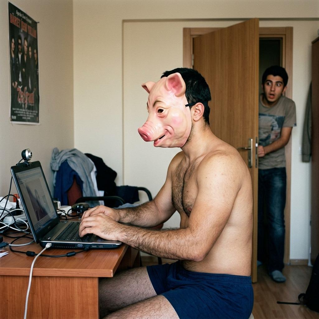 Just caught my roommate mid-video call with a pig mask on. Awkward? Absolutely. Hot? Debatable. 🐷🔥 #bedroom