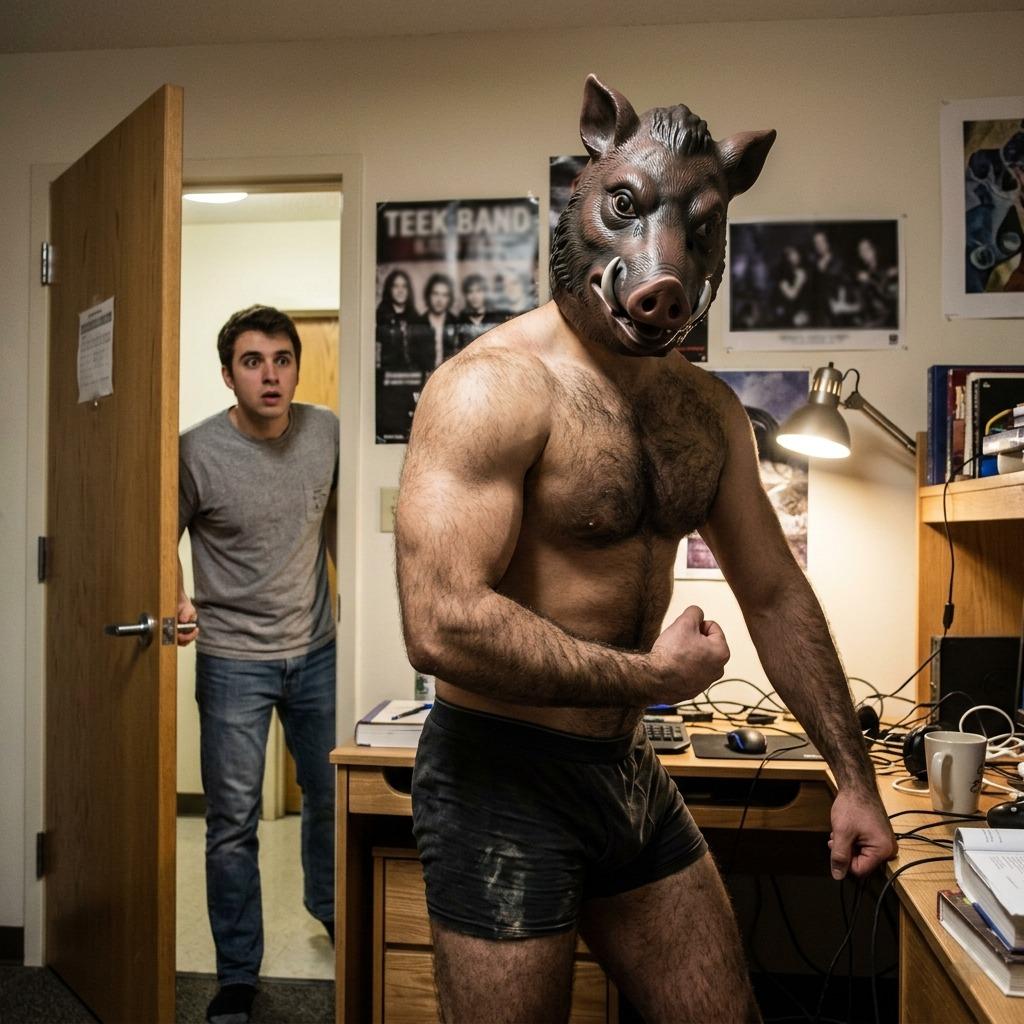 Just caught in the act—roommate walks in while I’m in a pig mask on cam. The struggle is real, but the view? Totally worth...