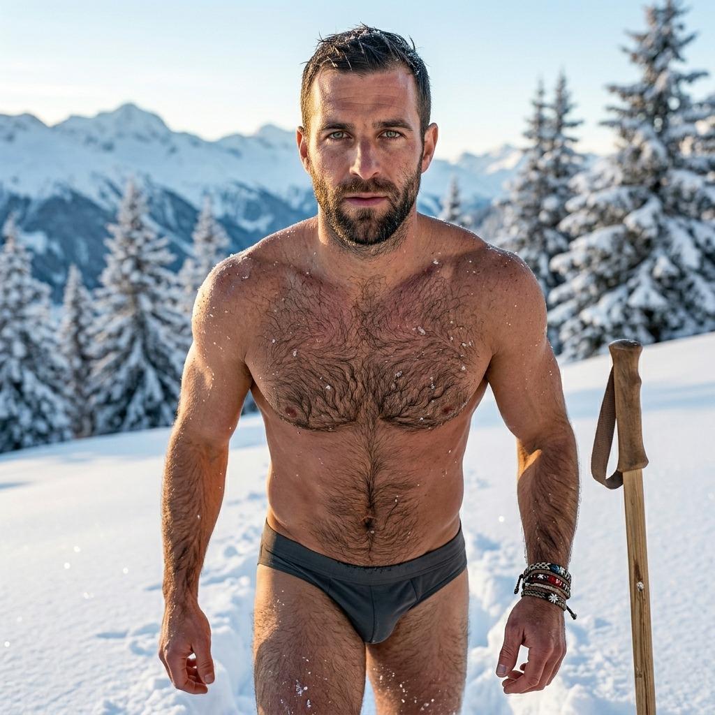 Frosty flex in the snow, pure confidence in briefs. Nature’s finest pose—who needs a coat when you’ve got this view? 🏔️🔥...