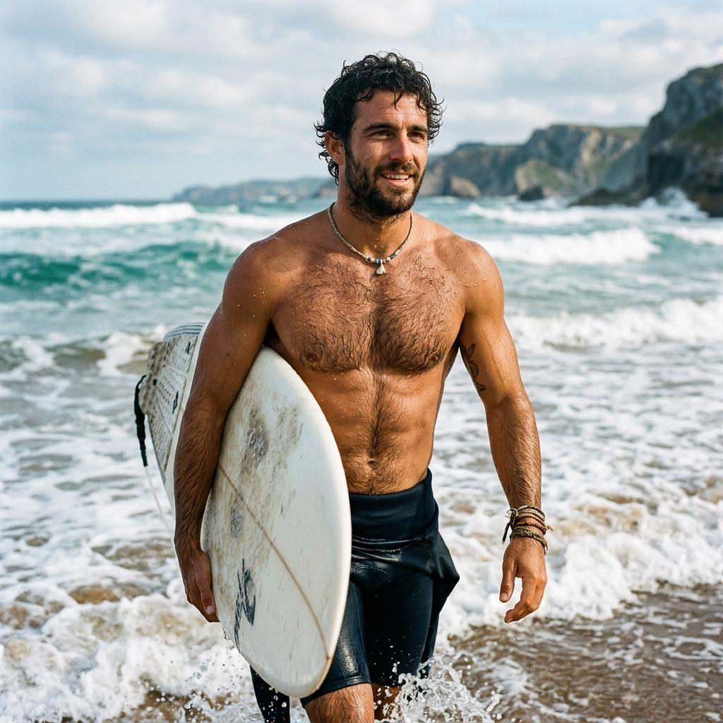 Sculpted by the ocean, every wave a masterpiece. The sun kisses his golden skin as he rides the tide. Pure male beauty in...