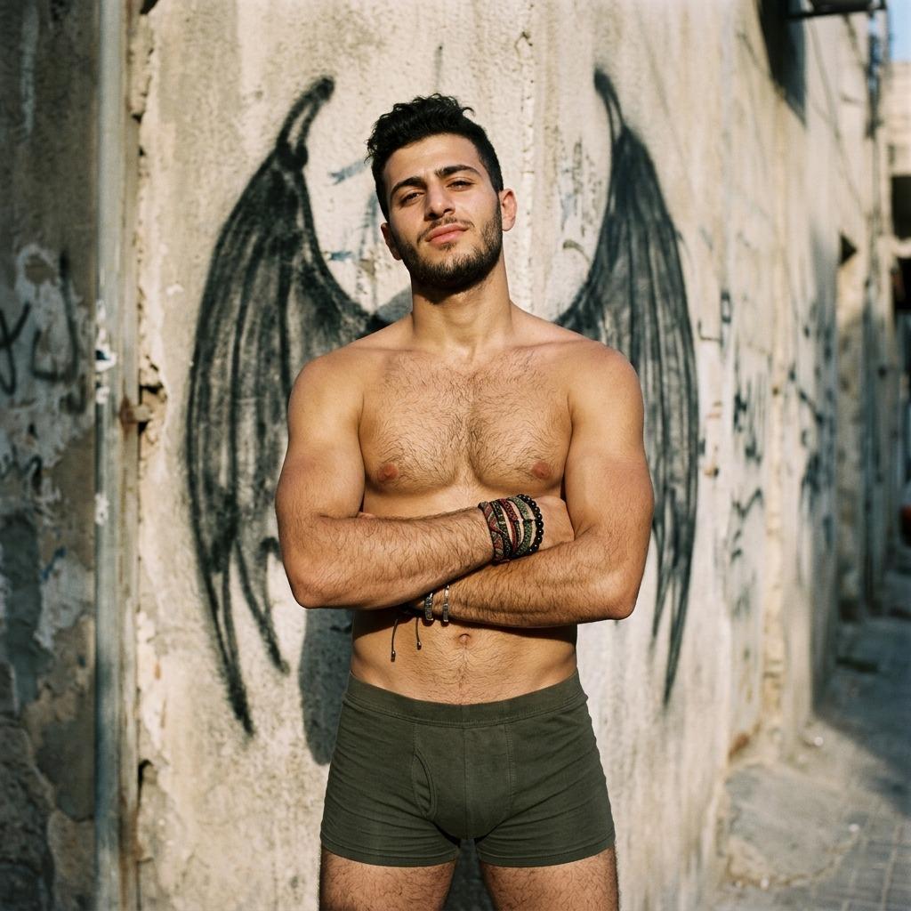 Hot young guy flexing in his underwear against a demonic wing backdrop. Pure art. Pure confidence. #malebeauty #fairytale...