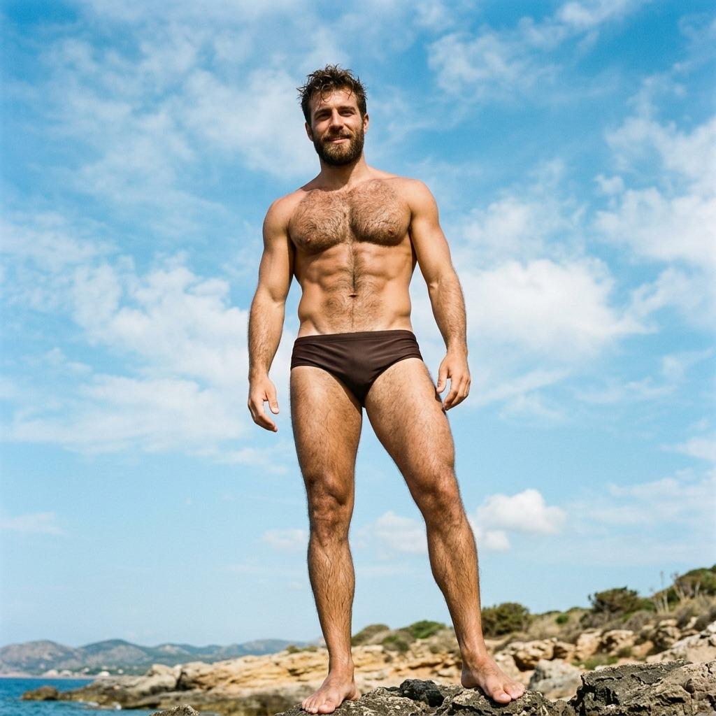 Ripples of confidence on sun-kissed skin—every wave a mirror to his glow. The ocean’s backdrop only makes the view sweeter....