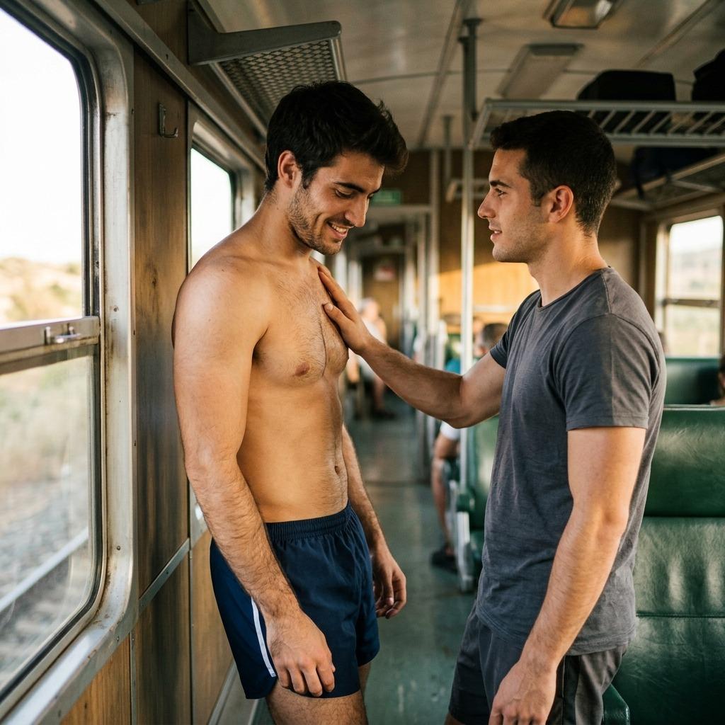 Naked on the train, his confidence radiates as a stranger’s touch lingers on his chest. Pure, unfiltered beauty in motion....