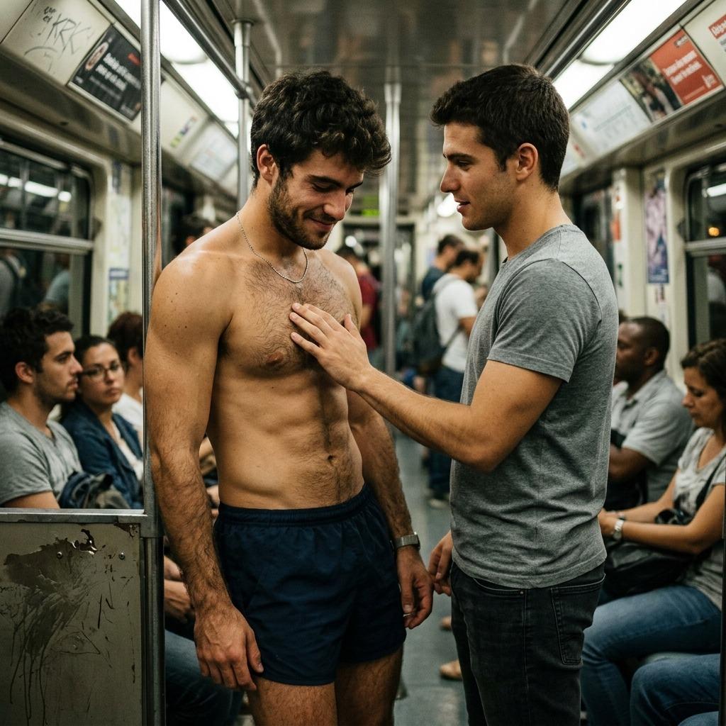 Riding the subway bare-chested, he turns heads without saying a word. A stranger’s touch lingers—pure magnetism in motion....