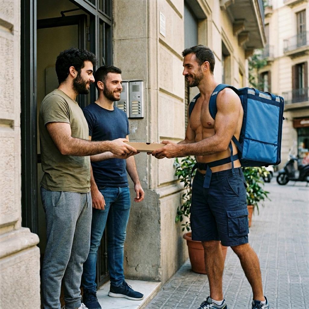 Rider drops off pizza shirtless—because why cover perfection? 🍕🔥 #street #delivery #athlete