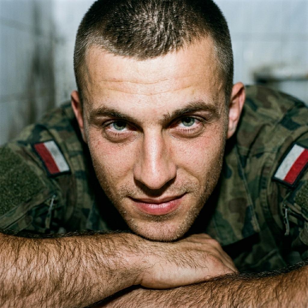 A Polish soldier shows off his blue eyes. #malebeauty #military #studio