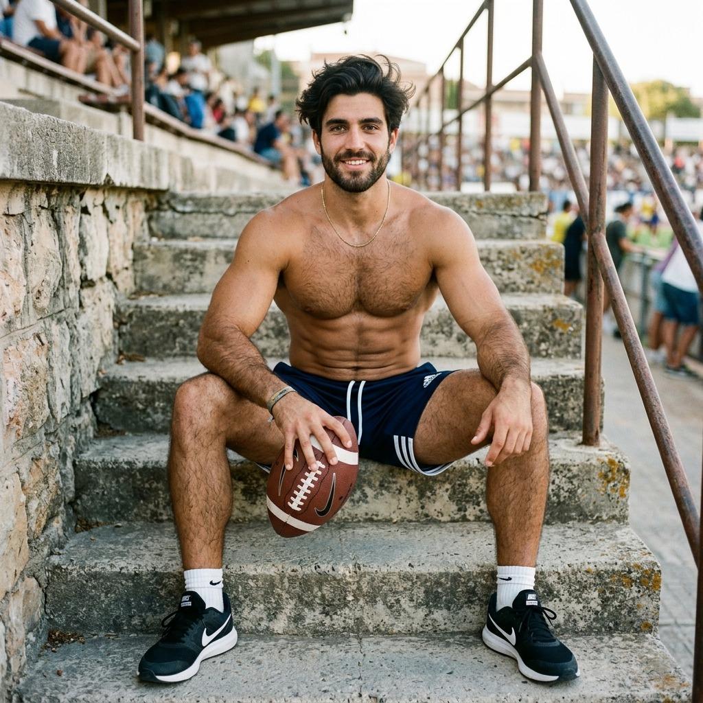 A boy sits with a football in his hand. #malebeauty #athlete #studio #travel