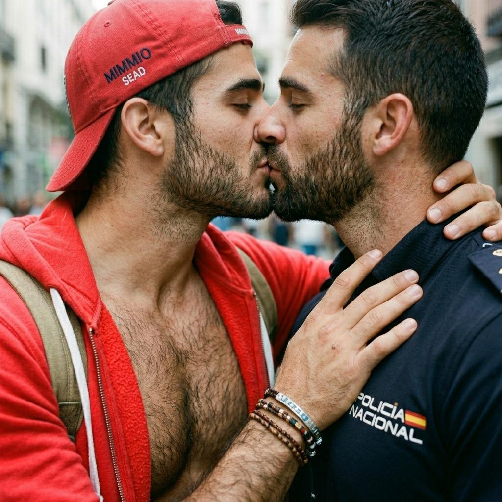 A boy kisses a policeman on the street. #malebeauty #street #couple #police #kiss