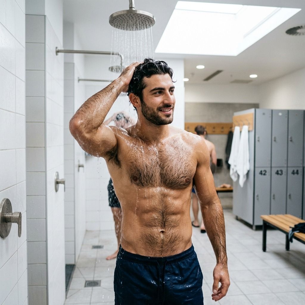 Glistening under the shower, every inch of him is pure art. The water cascades over his sculpted body, highlighting every...