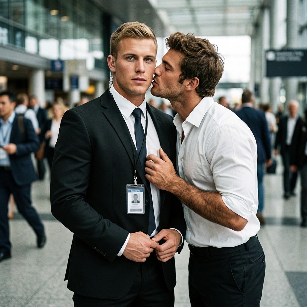 Security guard gets the sweetest surprise of his shift 😍💋 #airport #couple #kiss #security #suit