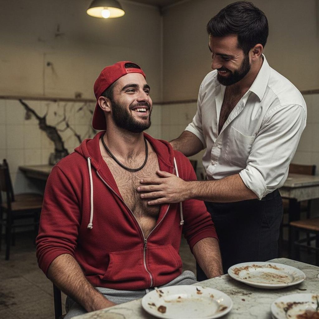 Every touch tells a story. Celebrate the art of masculine beauty with every glance. #kitchen #couple #hairy