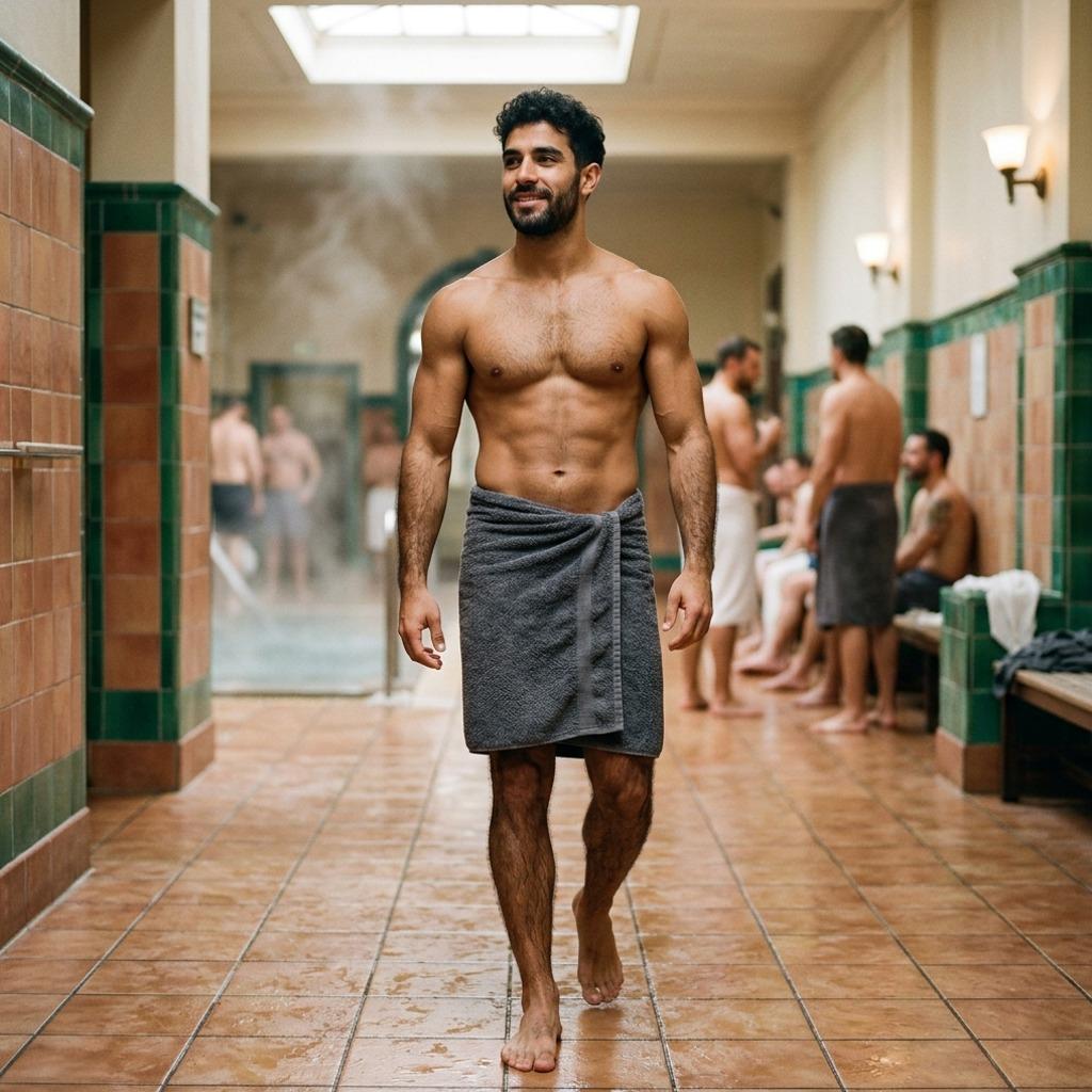 Every inch of him moves with confidence—pure magnetism in motion. The sauna’s steam only adds to the allure. #malebeauty...