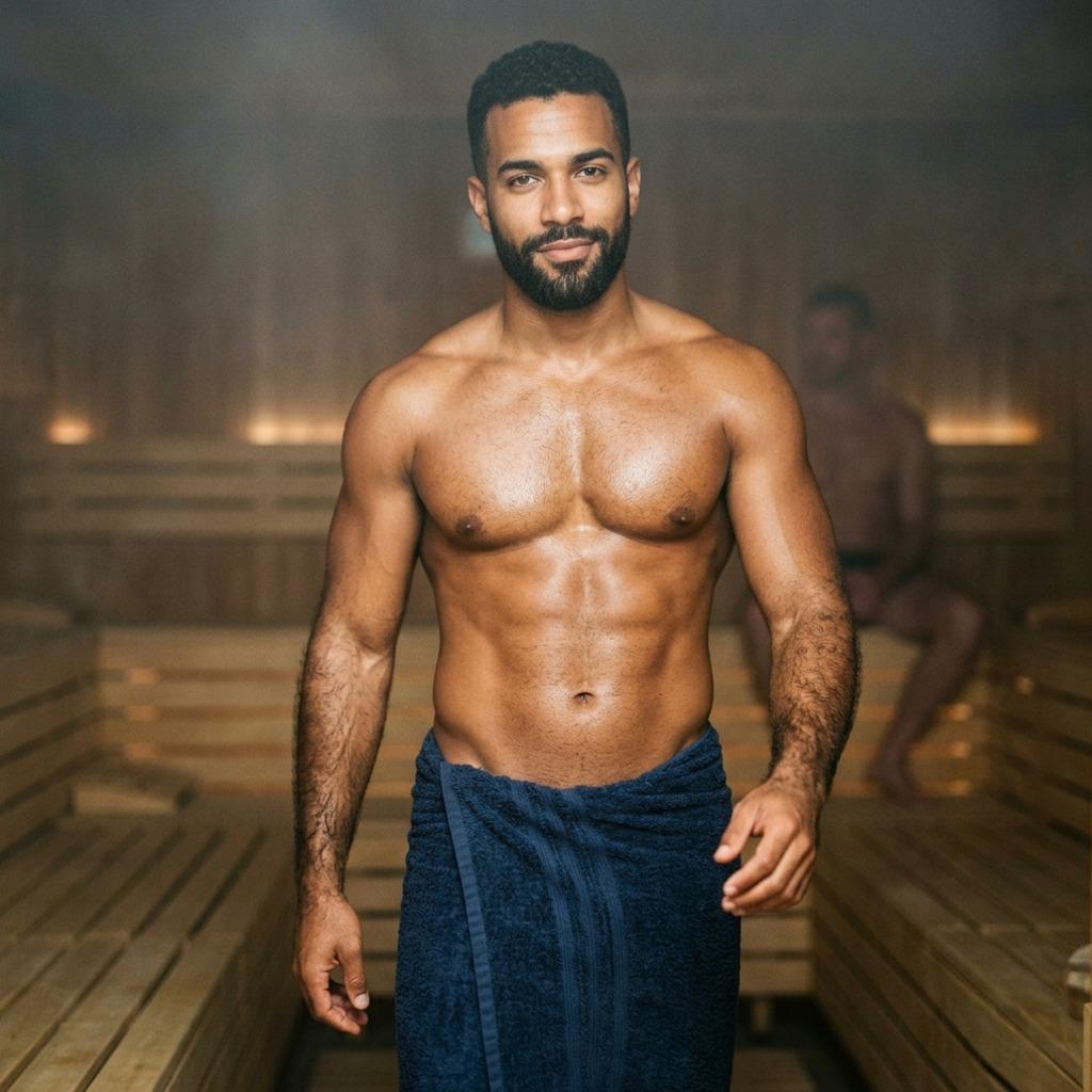 Flawless confidence in every step. The sauna’s steam only makes the view hotter. 🔥 #sauna #athlete