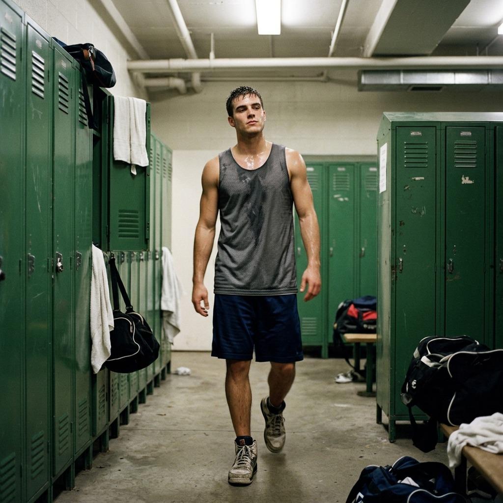 Sweat glistening under the lights, every step a masterpiece. The raw beauty of masculinity in motion. 🔥 #lockerroom #athlete