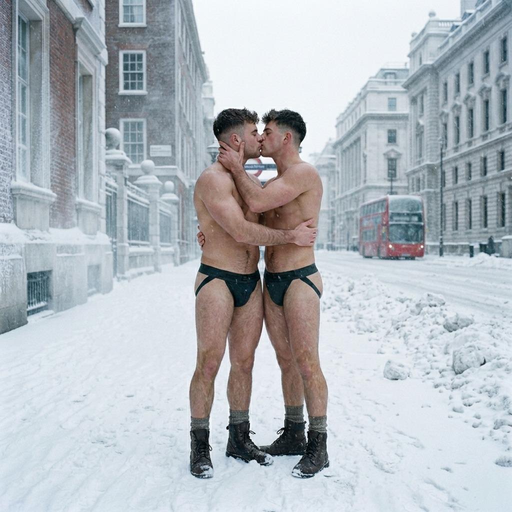 Frost bites but hearts don’t freeze. Two stunning guys own the icy street in nothing but jockstraps—pure fire in the cold....