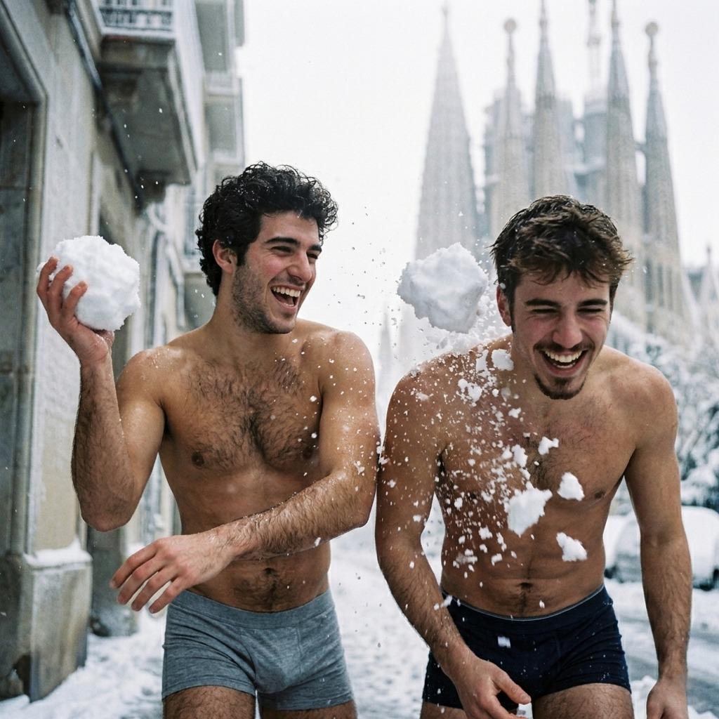 Frosty fun in the cold! Two gorgeous guys embrace winter in just their jockstraps, turning icy streets into a playground of...
