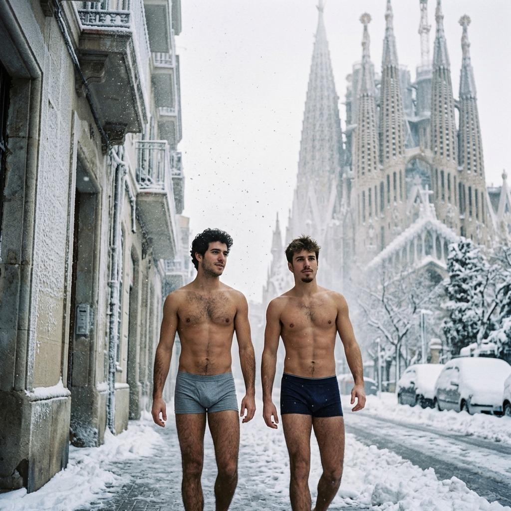 Frosty streets, hot bodies—nothing beats the contrast of two fierce guys strutting in jockstraps on icy pavement. Pure...