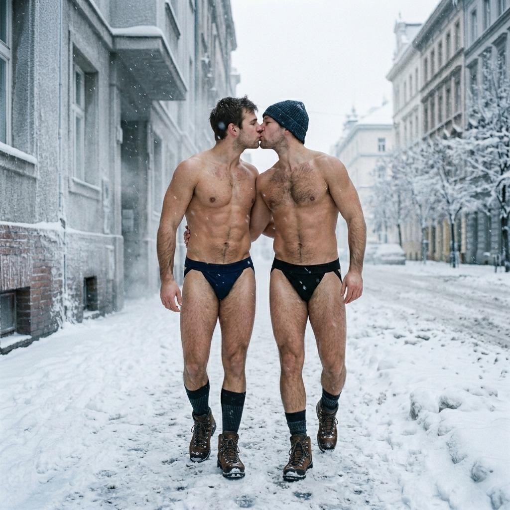 Two icy nights, two burning hearts. Nothing hides the fire between them. #street #snow #couple #underwear #kiss
