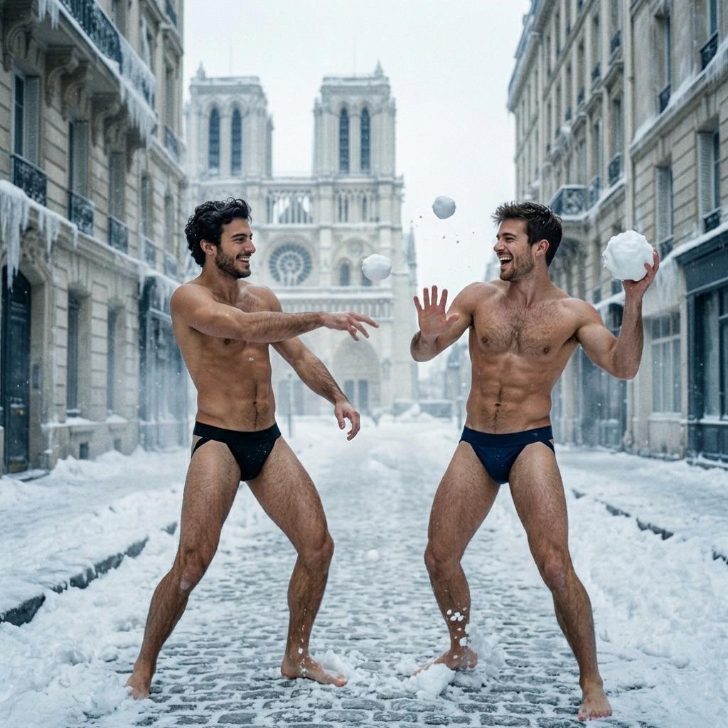 Frosty fun in the cold! Two gorgeous guys embrace winter in nothing but jockstraps, turning icy streets into their personal...