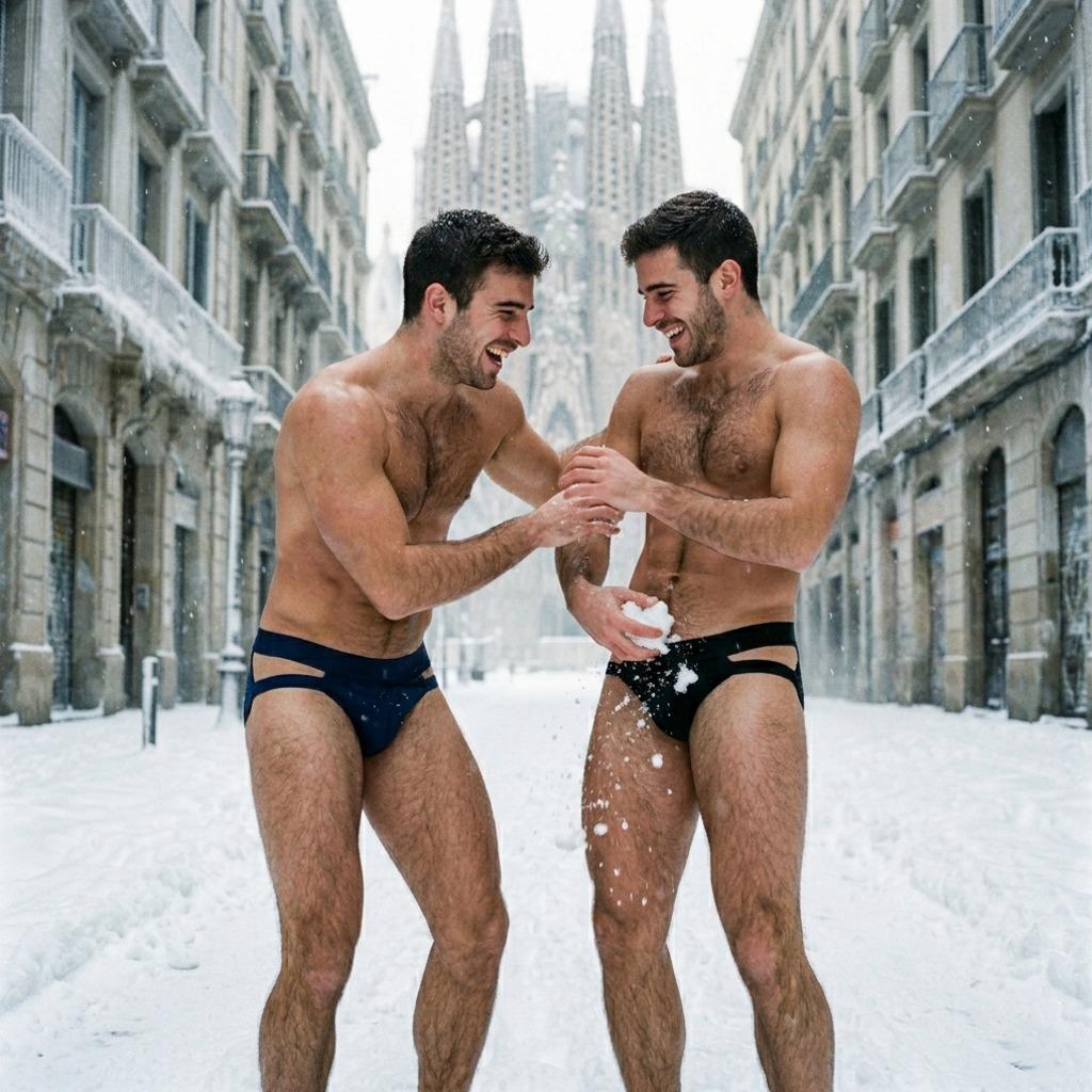 Fresh snow, hot bodies. Two men own the icy street in nothing but jockstraps—nature’s perfect contrast. #snow #couple...