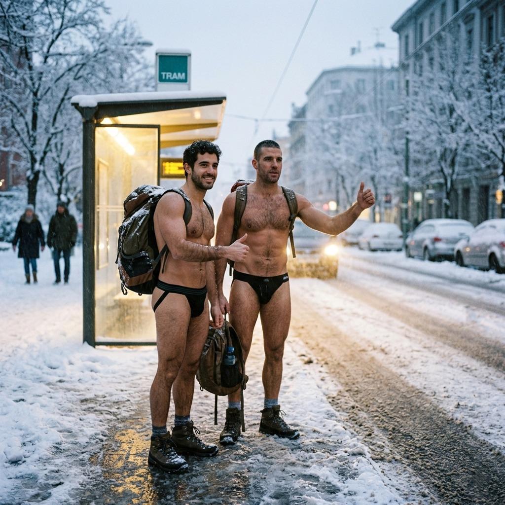 Frosty streets, hot bodies—nothing beats the contrast of two men strutting in jockstraps on icy roads. Pure confidence, pure...