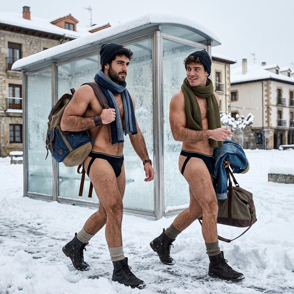 Frosty streets, fiery confidence. Two men own the cold in nothing but jockstraps. Who says winter can't be hot? #street...