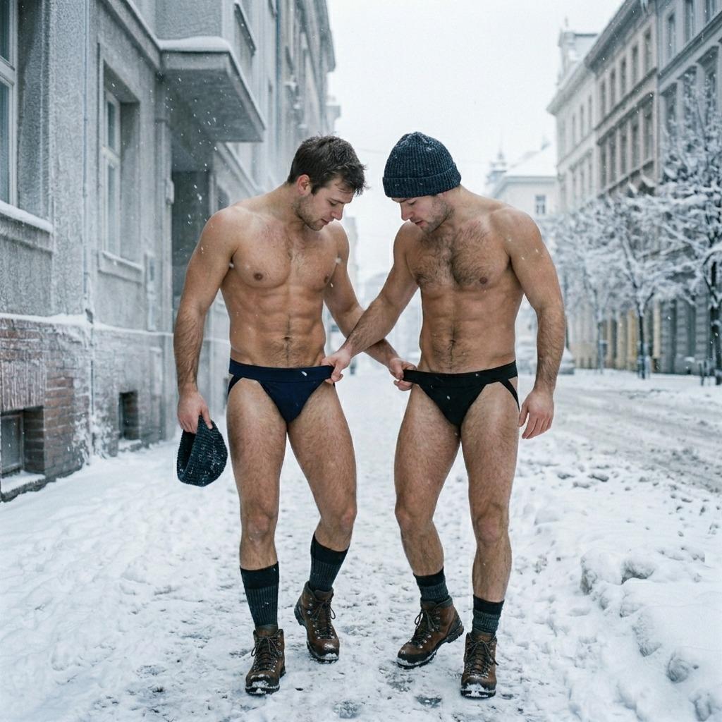 Every step in the snow, their underwear teasing the cold air. Pure winter magic captured in this jaw-dropping shot. #snow...