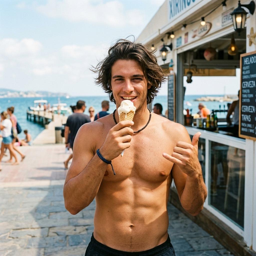 Flawless abs and a sweet treat—nothing beats a hot guy enjoying ice cream. 🍦🔥 #beach #travel #underwear #athlete #kitchen