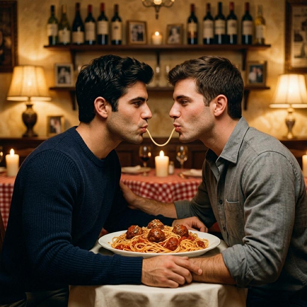 Every bite is a kiss. Two gorgeous men share spaghetti like Lilli & the Tramp, turning dinner into art. #kitchen #couple