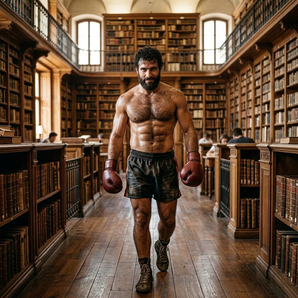 Every step is a knockout. A modern warrior in a timeless library. Beauty has no limits. #library #athlete