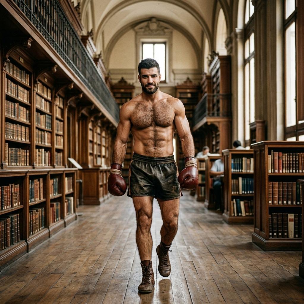 Every step he takes echoes through the ancient library, a perfect blend of strength and grace. Beauty in motion, where power...