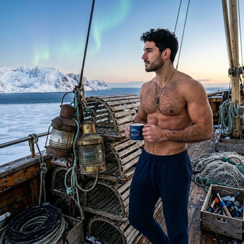 Sunrise kisses the horizon as a rugged fisherman enjoys his morning coffee, muscles glistening under the golden light. Pure...