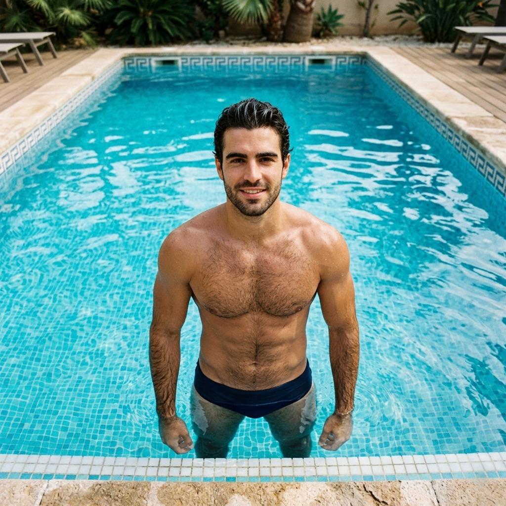 Every dip in the pool highlights his glow—nature’s masterpiece on display. 💦🔥 #pool #underwear