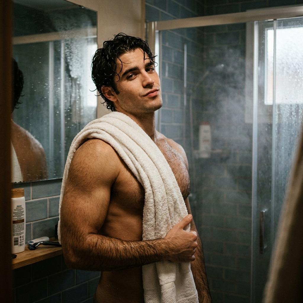 Fresh from the shower, every drop of water tracing the curves of his body like a love letter. Pure art in motion....