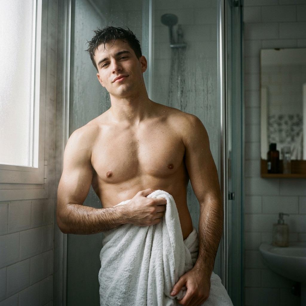 Fresh from the shower, droplets glistening on every curve. Pure art in motion. 💦🔥 #malebeauty #shower #bath #wet