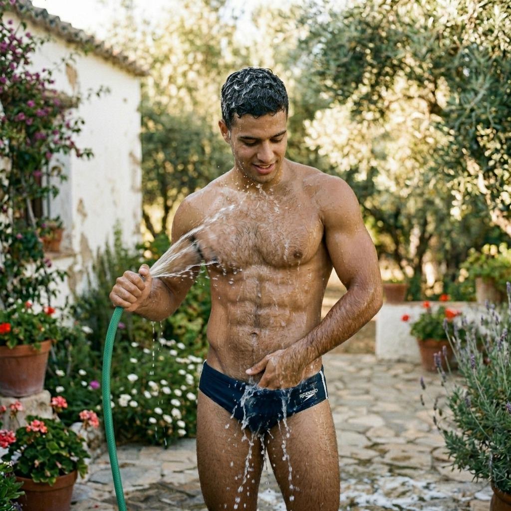 Every drop of water glistens on his sculpted body as he rinses off under the garden hose. Pure masculine beauty in motion....