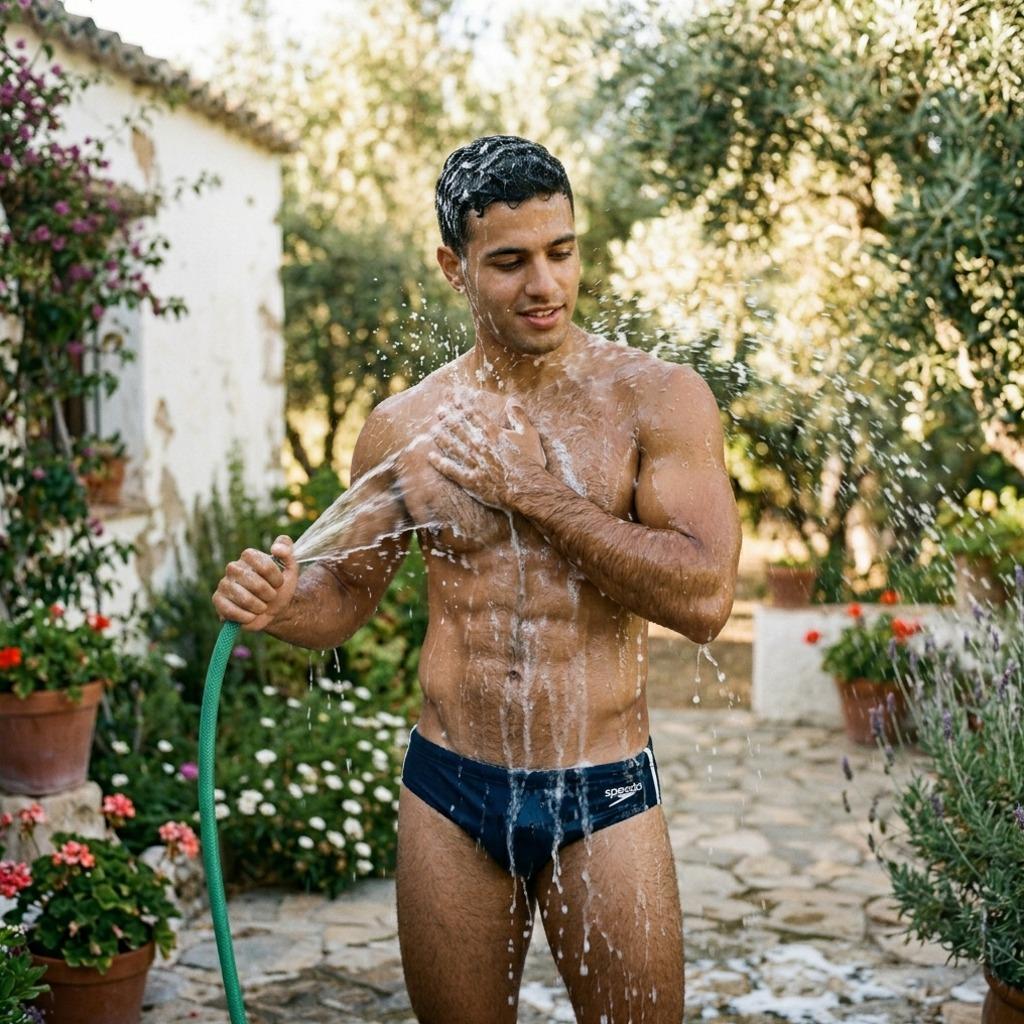 Flawless skin meets raw power as he washes away the day under the garden hose. Every drop glistens on his sculpted...