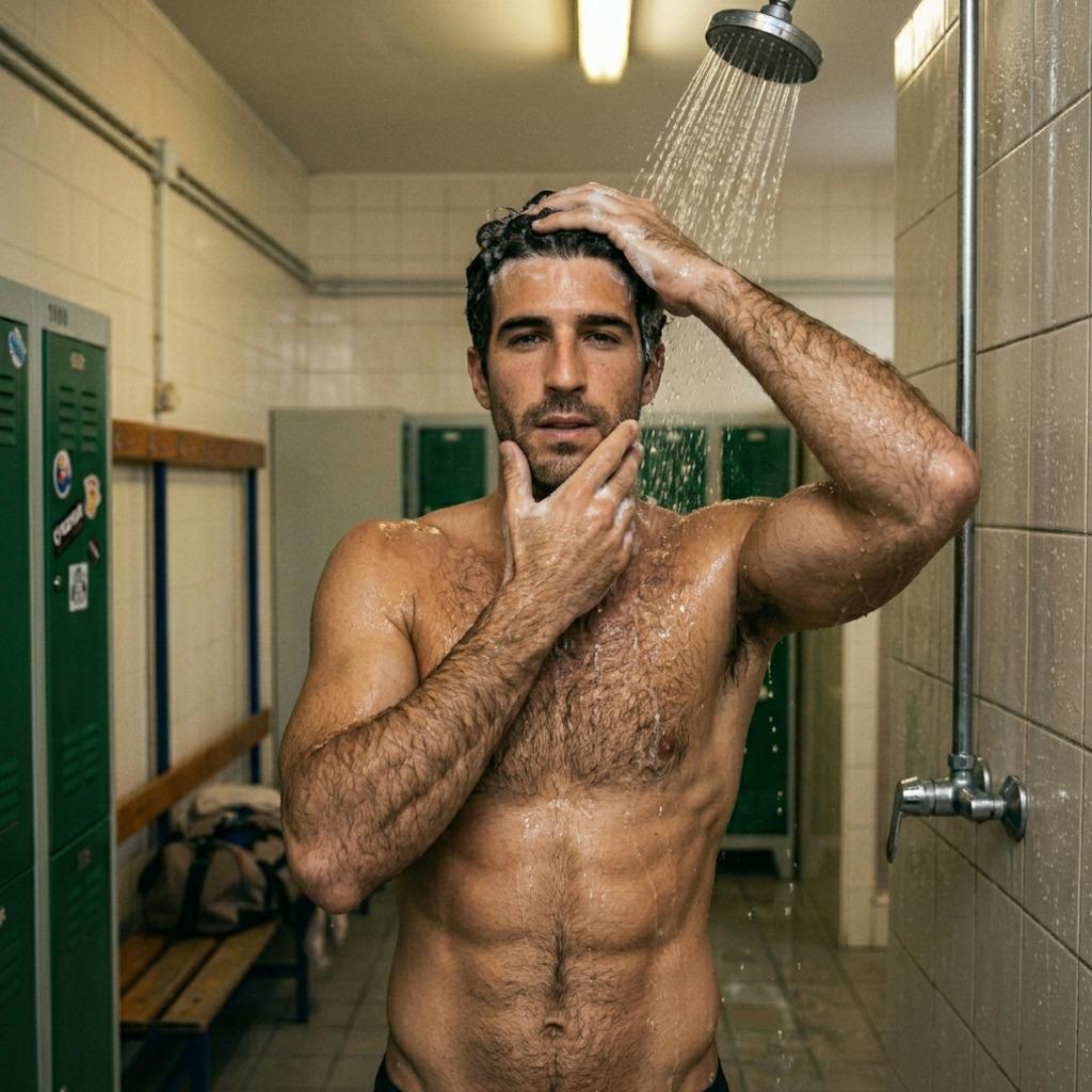 Every man’s a masterpiece—especially when the steam’s rising and the water’s running. 💦✨ #lockerroom #hairy #shower #wet