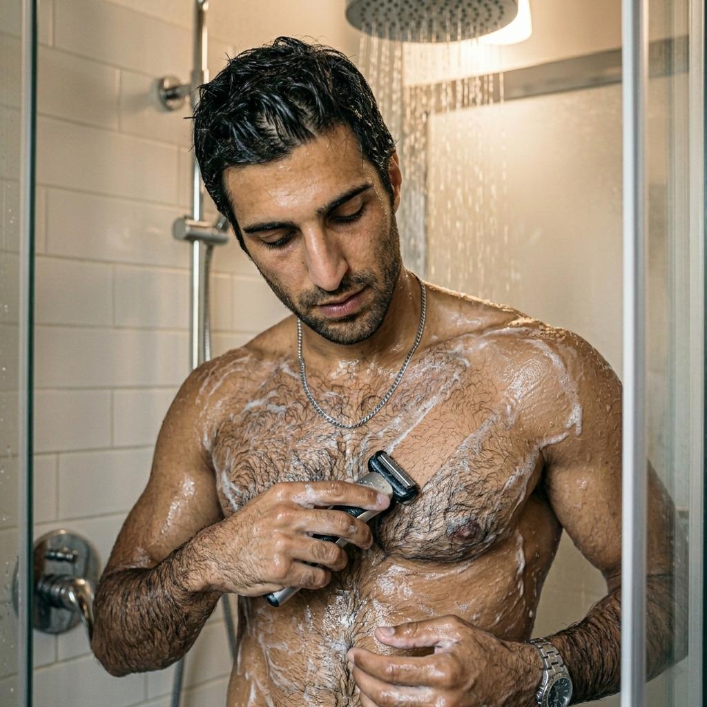 Every hairy chest deserves a smooth glow. 💪✨ #shower #hairy #wet