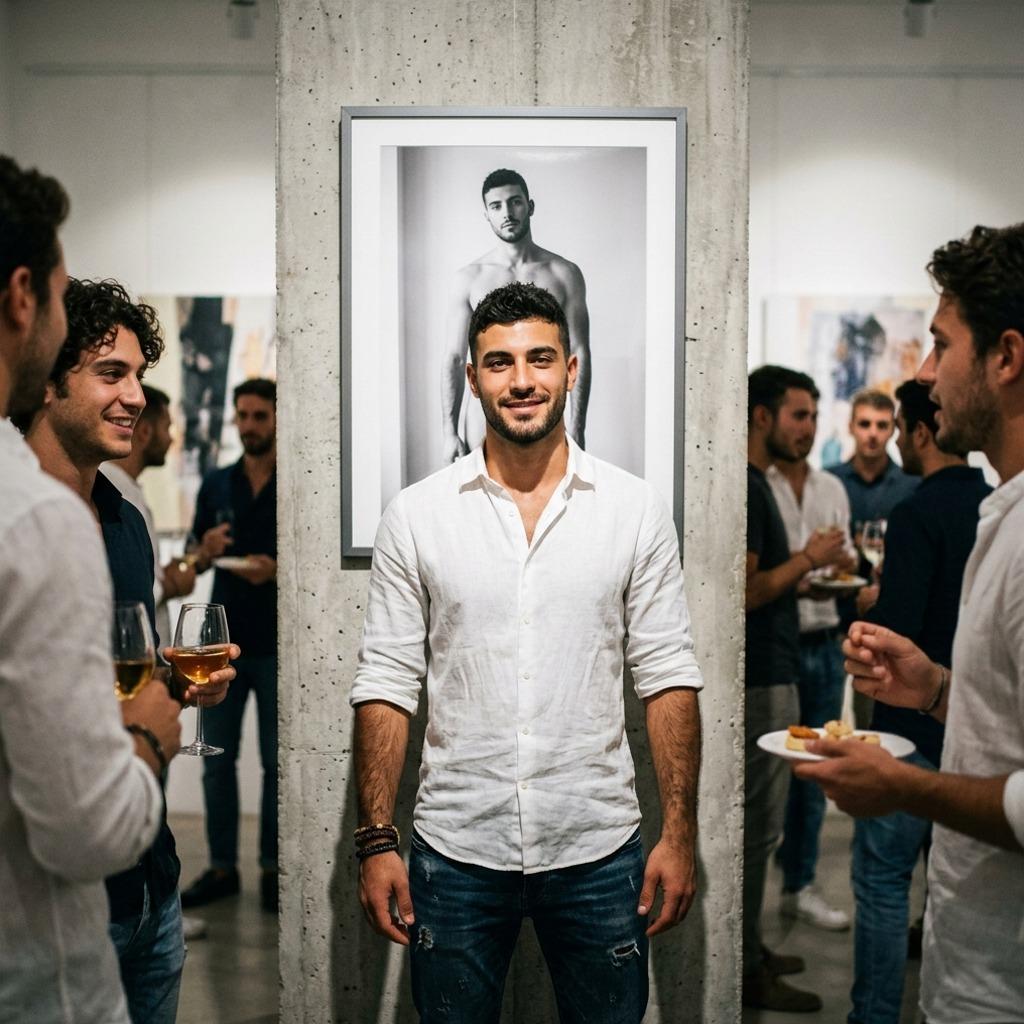Elegance meets raw beauty at the art show opening. Witness the perfect blend of art and masculinity. #malebeauty #artgallery